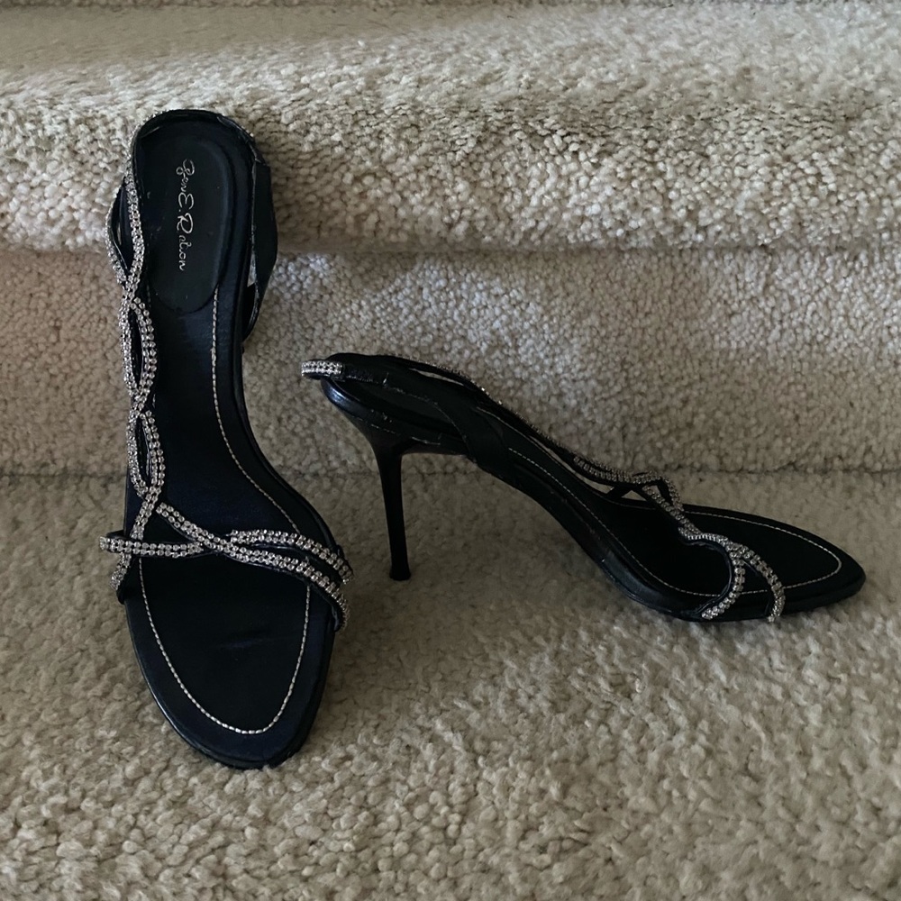 Black Satin & Diamante Strap Heeled Sandals size 8